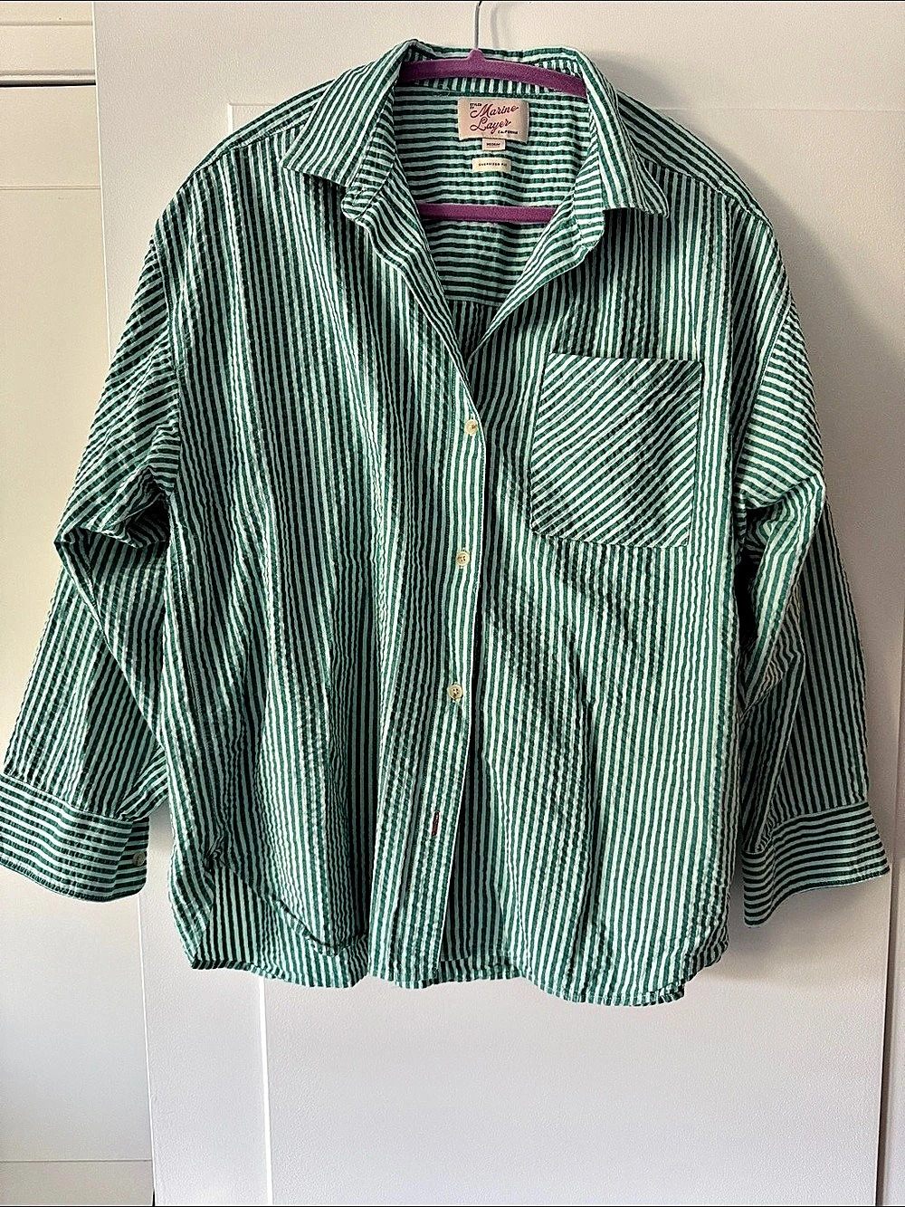 Marine Layer Gracey Oversized Seersucker Shirt Green